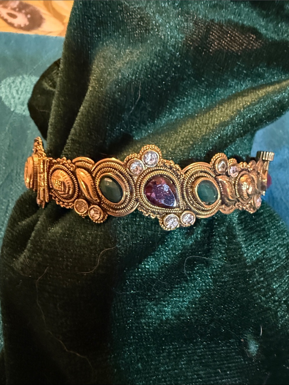 Gold-Tone Vintage Style Bracelet with Green and Purple Stones